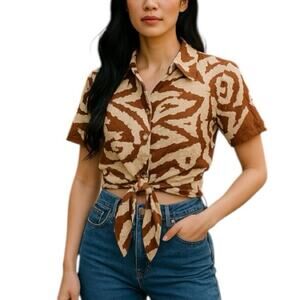 RACHEL ZOE Linen Blend Cropped Cow Zebra Print Button Tie Shirt Small NWT